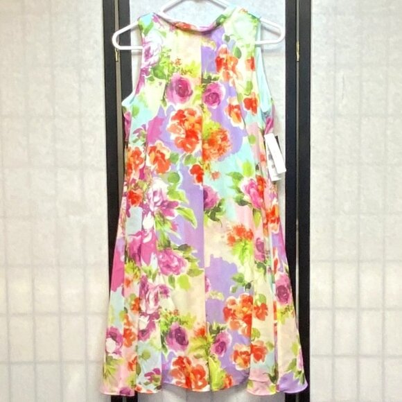 Signature Robbie Bee Sleeveless High Pleat Tie Neck Lined Swing Dress Floral 8P - Picture 1 of 12
